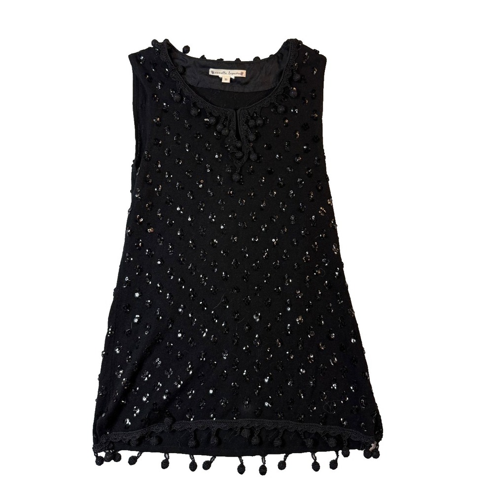 Nanette Lepore Top Womens XS Black Sequin Crochet Tassel Tunic Academia‎